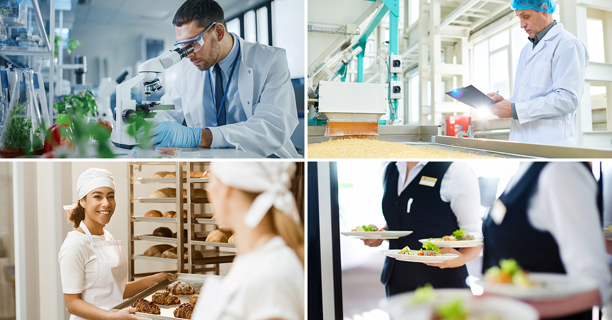 Collage of a scientist looking through a microscope in a laboratory, a factory worker conducting an audit at a production line, bakers baking and smiling and waitresses holding plates