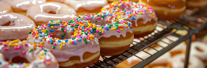 Selection of doughnuts on shelf