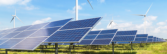 Field of solar panels with wind turbines in the background